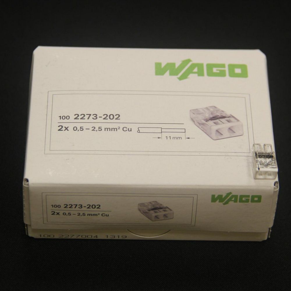 Клемма WAGO 2273-202 для двух медных одножильных проводов 0,5-2,5 мм2.(100 шт). 2273-202